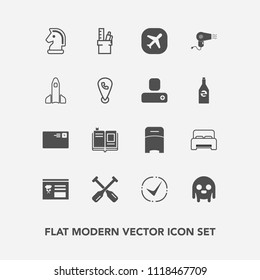 Modern, simple vector icon set with furniture, mail, ufo, alien, library, travel, paddle, dryer, communication, work, plane, water, chessboard, space, book, sign, shuttle, bedroom, horse, chess icons