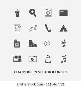 Modern, simple vector icon set with coffee, security, boot, harvest, store, glass, web, package, sound, business, agriculture, musical, , internet, check, supermarket, sale, website, shipment icons