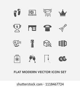 Modern, simple vector icon set with communication, music, message, food, sweet, medical, finance, dessert, snack, glass, electric, online, wine, post, alcohol, red, slipper, accordion, dress icons