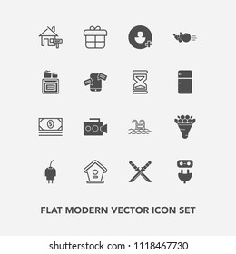 Modern, simple vector icon set with electricity, equipment, add, money, camera, summer, wooden, energy, coin, bank, sword, bouquet, samurai, decoration, property, gift, house, sign, home, handle icons