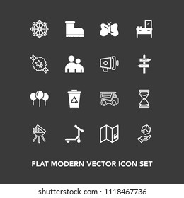 Modern, simple vector icon set on dark background with cooking, time, ship, nautical, truck, map, tipper, hourglass, garbage, travel, waste, birthday, dumper, recycling, decoration, bbq, dump icons