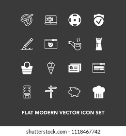 Modern, simple vector icon set on dark background with call, coin, investment, business, casino, banner, string, ball, cream, check, musical, chief, cooler, education, document, graph, pencil icons