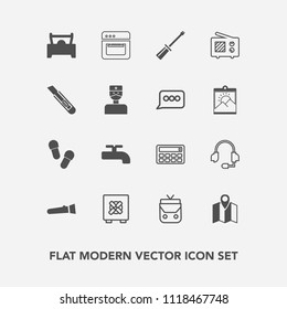 Modern, simple vector icon set with lamp, bank, kitchen, flashlight, slipper, communication, leather, torch, screwdriver, equipment, fashion, crane, night, vehicle, antenna, support, cooking icons