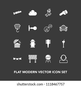 Modern, simple vector icon set on dark background with holiday, cloud, rent, restaurant, support, music, street, flag, background, grill, safety, fire, bucket, alcohol, care, property, water icons