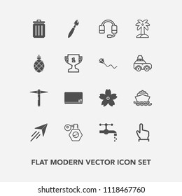 Modern, simple vector icon set with paint, water, travel, headset, click, perfume, bin, sea, call, hand, trash, touch, microphone, can, garbage, flower, yacht, blossom, blank, bathroom, finger icons