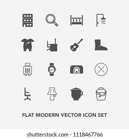 Modern, simple vector icon set with travel, airport, interior, baby, table, comfortable, light, chair, hot, bath, fireplace, tea, warm, baggage, bucket, watch, switch, fire, house, handle, bulb icons