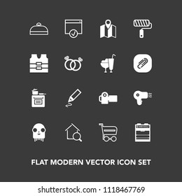 Modern, simple vector icon set on dark background with space, buy, alien, hairdryer, page, photographer, trolley, estate, online, home, kitchen, trip, stationery, travel, camera, cart, roll, pen icons