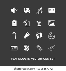 Modern, simple vector icon set on dark background with retro, television, spring, identity, white, volume, travel, food, musical, bouquet, reel, rod, flower, tape, mute, identification, guitar icons