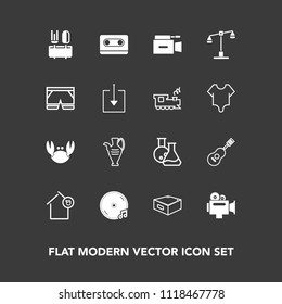 Modern, simple vector icon set on dark background with owner, guitar, sea, balance, music, landlord, tape, film, camera, fashion, seafood, retro, vase, technology, concert, white, laboratory icons