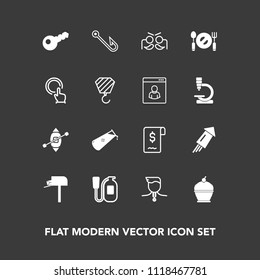 Modern, simple vector icon set on dark background with pie, success, party, post, dessert, mailbox, mail, safety, cake, sign, sale, gold, event, spoon, danger, fishing, equipment, ship, business icons
