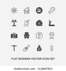 Modern, simple vector icon set with rudder, fast, shovel, helm, home, summer, construction, armchair, chicken, lady, estate, present, leaf, clock, nature, screen, hammer, holiday, architecture icons