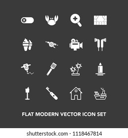 Modern, simple vector icon set on dark background with summer, switch, home, flame, work, fire, light, tropical, zoom, property, nature, military, off, kitchen, deactivate, candle, equipment icons