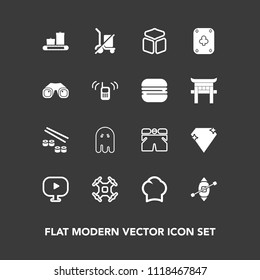 Modern, simple vector icon set on dark background with control, media, poker, play, cube, food, technology, template, halloween, luggage, fish, seafood, video, salmon, fear, fashion, wear, sushi icons