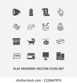 Modern, simple vector icon set with baby, pram, grocery, office, chat, musical, supermarket, computer, real, timetable, drink, building, transportation, house, stroller, market, rail, child, pc icons