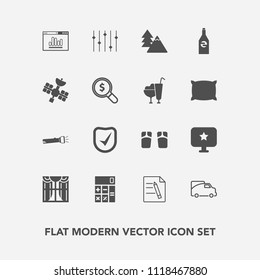 Modern, simple vector icon set with fashion, van, flip, window, environment, flashlight, check, drink, bottle, traffic, beach, transportation, paper, lamp, landscape, curtain, file, star, office icons