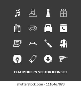 Modern, simple vector icon set on dark background with remove, pull, present, king, note, service, package, hand, machine, drill, pen, radio, equipment, hygiene, work, chess, camera, musical, up icons