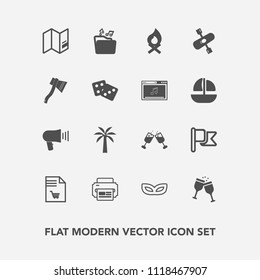 Modern, simple vector icon set with mask, supermarket, flag, , bonfire, kayak, megaphone, casino, national, list, hot, glass, masquerade, speaker, kayaking, activity, communication, party, wine icons