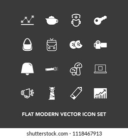 Modern, simple vector icon set on dark background with mushroom, pencil, food, trend, nature, internet, teapot, white, notification, edible, concept, flashlight, bag, key, hot, voice, sea, web icons