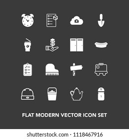 Modern, simple vector icon set on dark background with head, luggage, bucket, object, tea, water, business, travel, check, hot, watch, fashion, clock, time, music, bag, musical, salt, arrow, way icons