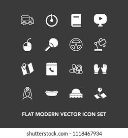 Modern, simple vector icon set on dark background with travel, move, highway, dinner, location, power, button, care, pin, food, video, pointer, book, media, switch, internet, map, library, sun icons