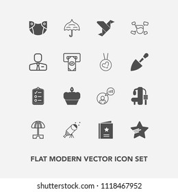 Modern, simple vector icon set with freelance, parasol, exercise, art, open, favour, fitness, gym, male, work, list, check, summer, origami, dessert, baby, rain, boy, creative, sport, cake, sign icons