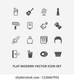 Modern, simple vector icon set with pan, door, education, drink, science, direction, , game, cold, book, guitar, piece, bag, juice, food, way, belt, cooking, escape, office, crown, king, roll icons