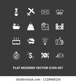 Modern, simple vector icon set on dark background with food, usd, plate, water, ticket, dessert, pie, flipper, success, idea, green, up, heater, dollar, currency, north, boiler, travel, plane icons