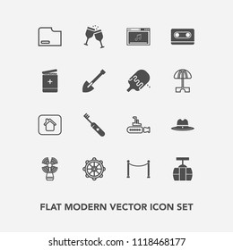 Modern, simple vector icon set with wheel, drink, hat, train, home, west, health, cowboy, undersea, helm, building, lighthouse, music, ship, online, care, document, cable, red, house, seamark icons
