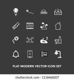 Modern, simple vector icon set on dark background with fun, business, parachuting, summer, sign, cord, landscape, subscription, sunrise, bell, parachute, fitness, phone, alarm, coaxial, kite icons