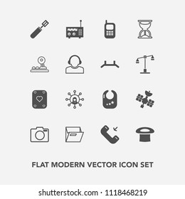 Modern, simple vector icon set with blank, file, pan, white, technology, infant, hat, mobile, radio, baby, timer, camera, old, lens, phone, poker, toy, arrow, sign, web, time, cooking, game icons
