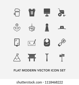 Modern, simple vector icon set with child, sport, handicap, torii, nature, ship, kitchen, sky, spatula, check, road, utensil, business, pc, street, pen, infant, shrine, japan, direction, pay icons