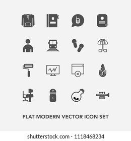 Modern, simple vector icon set with business, ringing, work, fresh, equipment, sign, spice, man, corn, doctor, medical, technology, jacket, roller, train, roll, table, salt, office, diagnostic icons