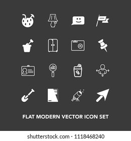 Modern, simple vector icon set on dark background with lamp, summer, chat, play, nation, identity, find, identification, face, glass, switch, drink, night, construction, wind, bulb, country, id icons