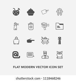 Modern, simple vector icon set with cake, mail, owl, profile, dress, bed, ancient, web, user, message, animal, summer, , envelope, service, juice, sign, communication, dinner, sweet, female, bag icons