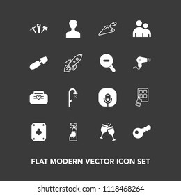 Modern, simple vector icon set on dark background with construction, bottle, people, device, shovel, user, drink, radio, spray, leather, repair, object, key, game, music, profile, microphone icons