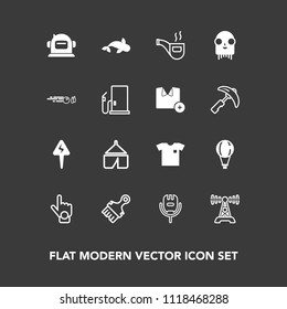 Modern, simple vector icon set on dark background with music, tobacco, gesture, radio, seafood, food, shirt, monster, white, karaoke, alien, retro, clothing, communication, classic, microphone,  icons