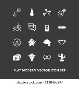 Modern, simple vector icon set on dark background with desert, instrument, plant, white, music, parachuting, captain, hat, food, sky, parachute, waiter, musical, profile, online, account, jump icons