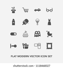 Modern, simple vector icon set with stroller, gift, shop, tomato, child, frame, video, , box, sandwich, photo, water, fashion, carriage, sign, holiday, celebration, border, magic, trolley, sea icons