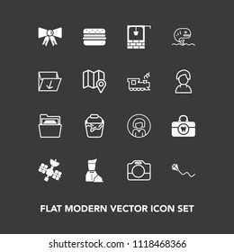 Modern, simple vector icon set on dark background with tie, fish, suit, paper, face, sea, kite, young, blank, joy, video, girl, seafood, hygiene, bucket, summer, hamburger, fun, sign, waiter icons
