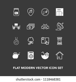 Modern, simple vector icon set on dark background with network, necklace, tobacco, building, summer, glass, addiction, tourism, house, click, sand, hour, immigration, no, musical, technology icons