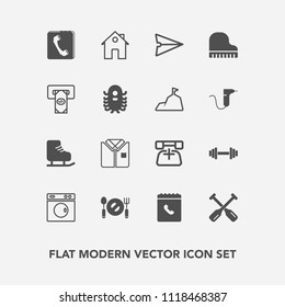 Modern, simple vector icon set with plate, washer, fitness, web, cold, spoon, email, cash, skating, musical, laundry, internet, paddle, music, bank, winter, water, sport, piano, phone, gym, home icons