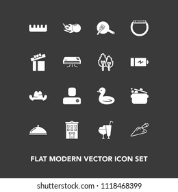 Modern, simple vector icon set on dark background with sky, social, beauty, business, shovel, equipment, wildlife, brush, comb, construction, real, pan, time, fashion, estate, comet, gadget, cap icons