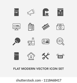 Modern, simple vector icon set with glass, loud, web, identity, home, sound, fridge, wooden, coffee, voice, table, kitchen, leisure, alcohol, food, espresso, id, card, hammer, sport, birdhouse icons
