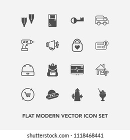 Modern, simple vector icon set with retail, bag, dessert, food, house, ufo, head, spacecraft, sweet, underwater, fashion, school, bed, rent, highway, move, shop, summer, cream, drill, pulse, ice icons