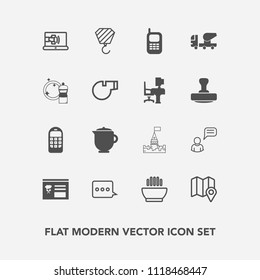 Modern, simple vector icon set with architecture, cement, dinner, person, referee, internet, food, sign, concrete, sport, telephone, castle, message, communication, phone, broom, soup, work, tea icons