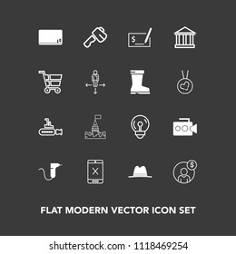 Modern, simple vector icon set on dark background with accounting, connection, film, marine, finance, hammer, money, energy, sea, account, cancel, light, undersea, video, dentistry, castle, bulb icons