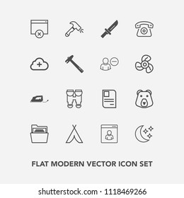 Modern, simple vector icon set with file, business, sign, travel, iron, id, knife, wild, paper, dinner, fork, equipment, adventure, camp, internet, nature, home, animal, shovel, blank, identity icons