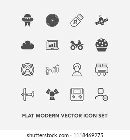 Modern, simple vector icon set with sound, ufo, business, profile, development, spy, vision, person, watch, dvd, growth, success, concept, arrow, account, spacecraft, human, button, personal, cd icons