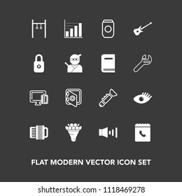 Modern, simple vector icon set on dark background with athlete, speaker, phone, banking, internet, bank, face, can, metal, bouquet, safety, diagram, data, exercise, lock, aluminum, sport, card icons
