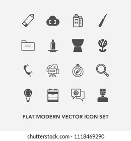 Modern, simple vector icon set with folder, jump, compass, direction, oven, camera, search, candle, storage, movie, tripod, east, doctor, retro, phone, cloud, parachuting, file, call, south, pen icons